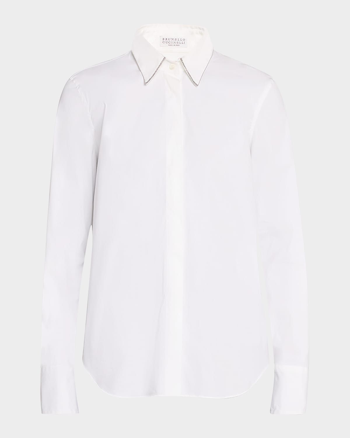 Poplin Button-Front Shirt with Monili Collar