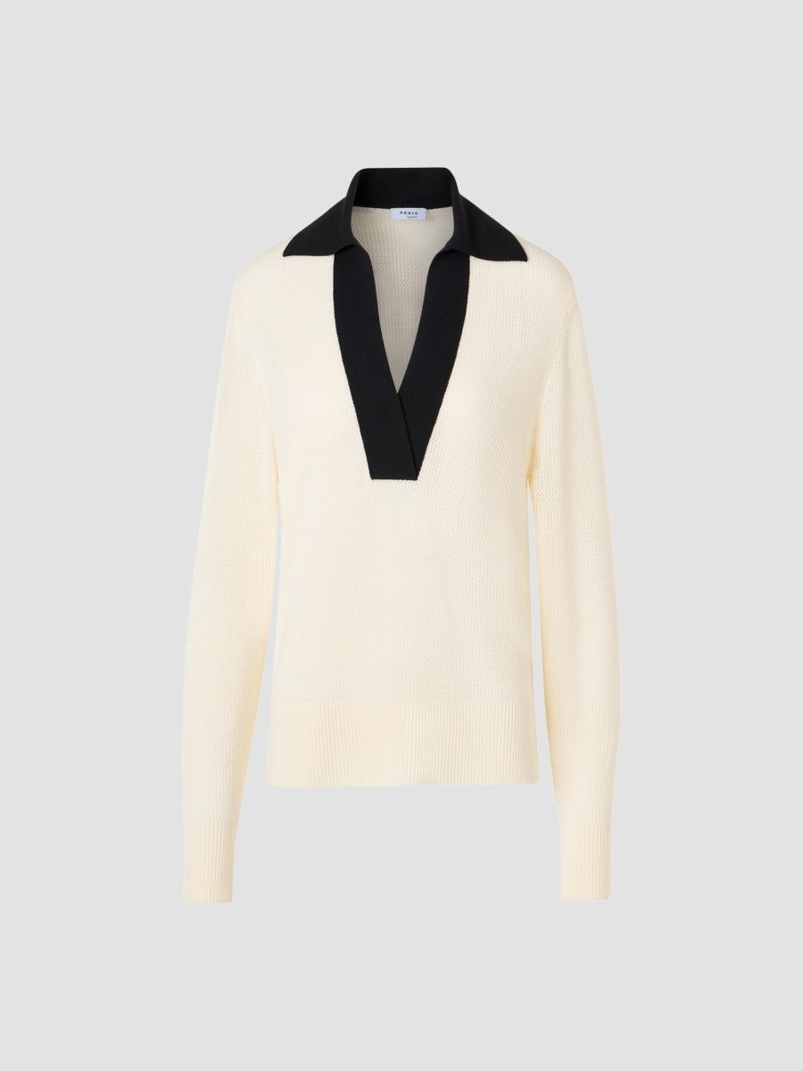 Akris punto Women's Mesh Wool Knit Polo Sweater - Ivory Black - Size 16