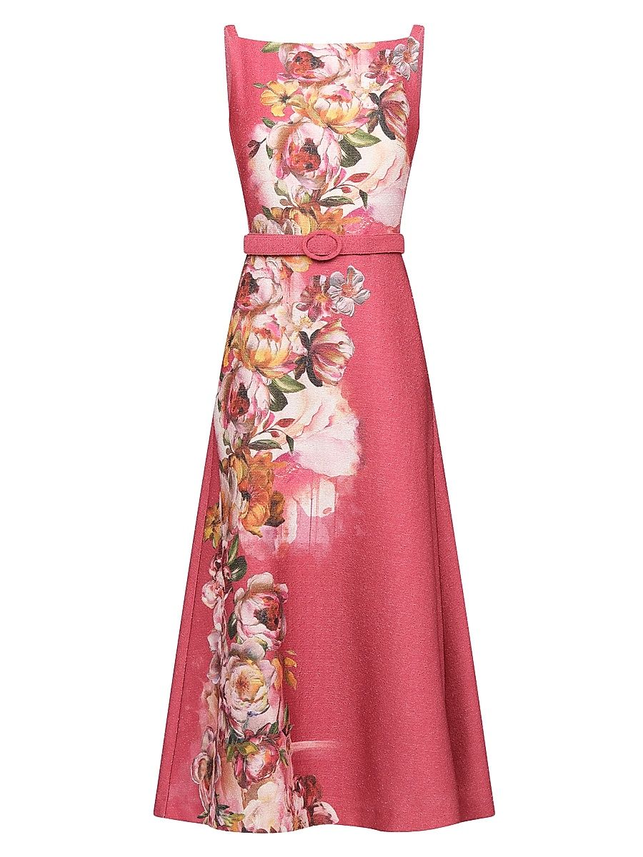 Women's Slyvie Floral Satin Belted Tea-Length Dress - Antique Rose - Size 18