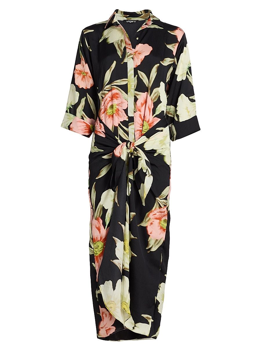 Women's Iris Floral Tie-Waist Shirtdress - Black Multi - Size XXL
