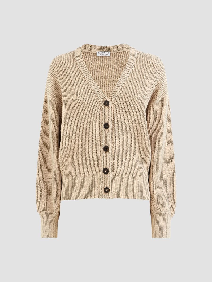 Brunello Cucinelli Women's Cotton Diamond Yarn English Rib Cardigan - Camel - Size XL