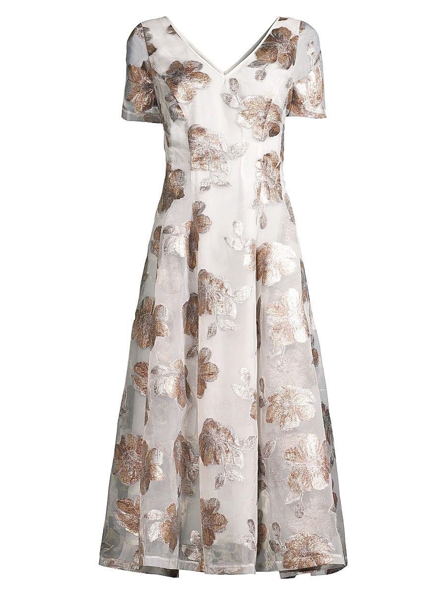Women's Jacquard Organza V-Neck Midi-Dress - Ivory Gold - Size 14
