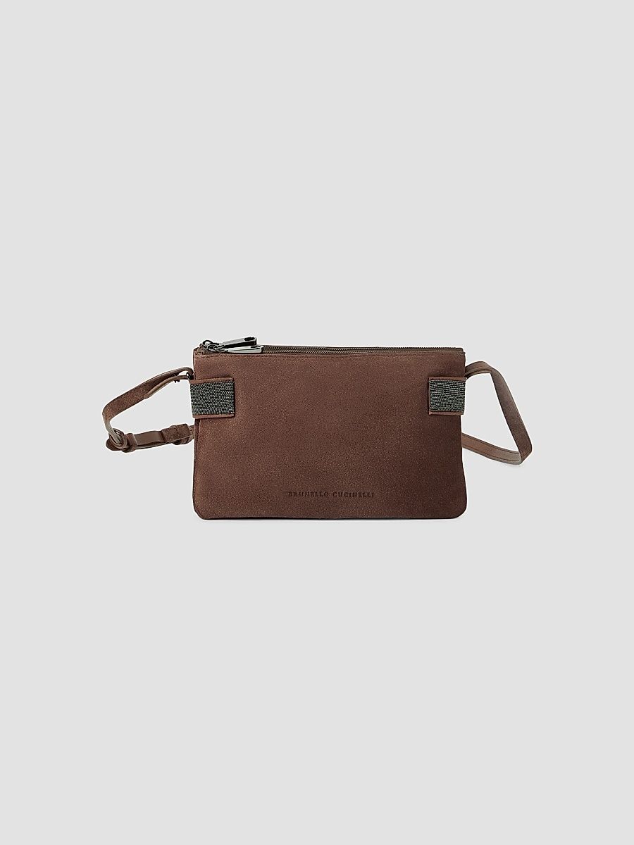 Women's Essence Mini Shoulder Bag in Suede with Precious Bands - Brown