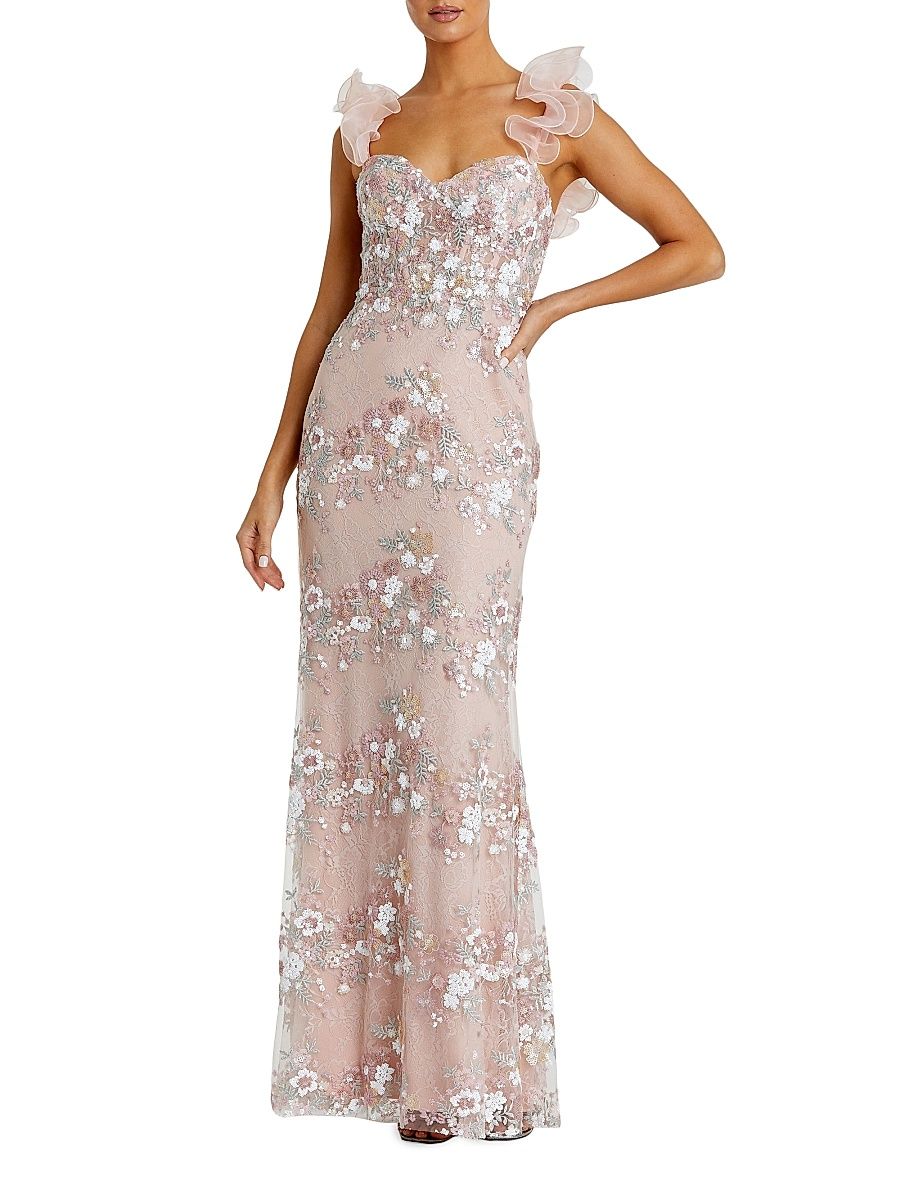 Women's Floral Embroidered Ruffle Bustier Gown - Pastel Multi - Size 12