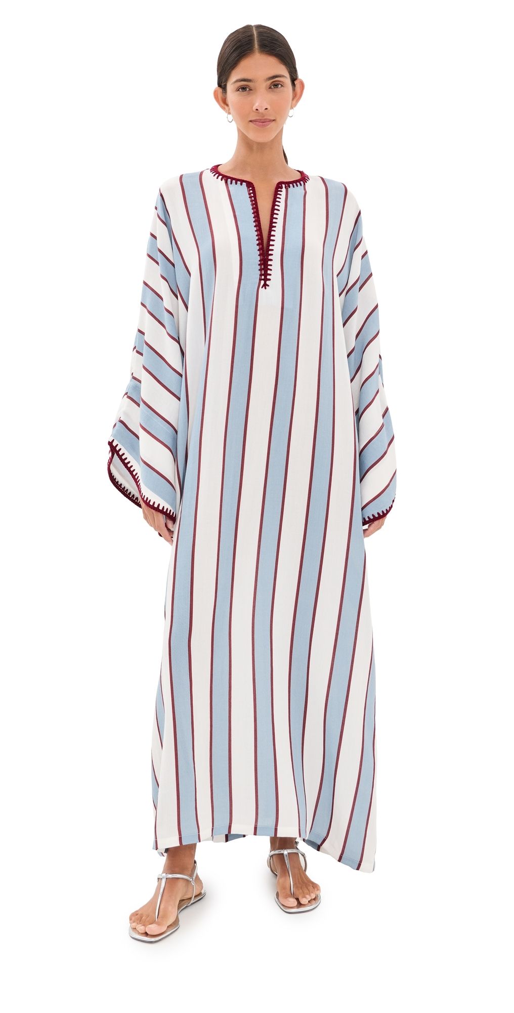 La Vie Style House Deep V Neck Maxi Caftan Burgundy/Blue One Size