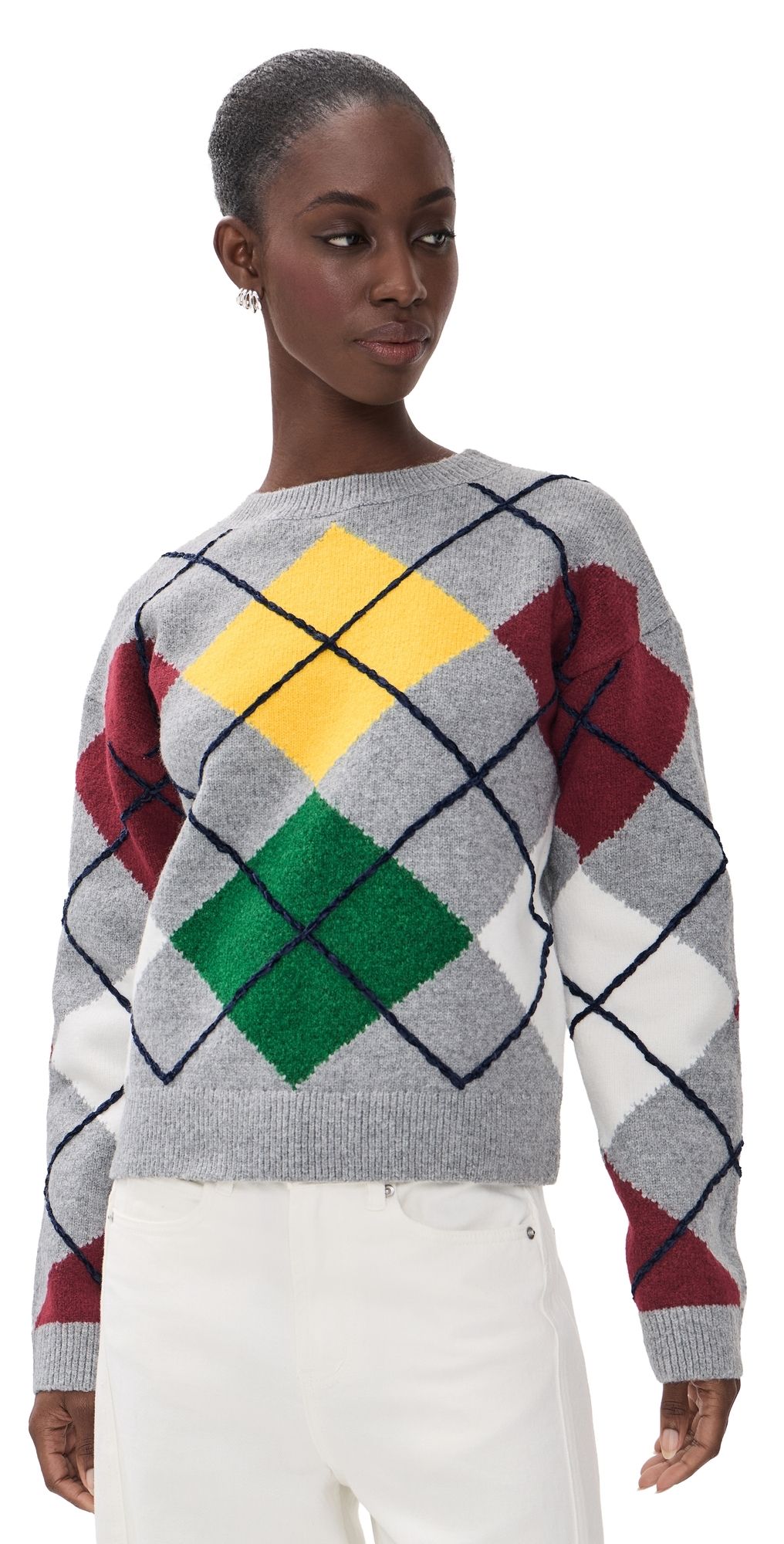 English Factory Argyle Whipstitch Knit Sweater Light Grey Multi S