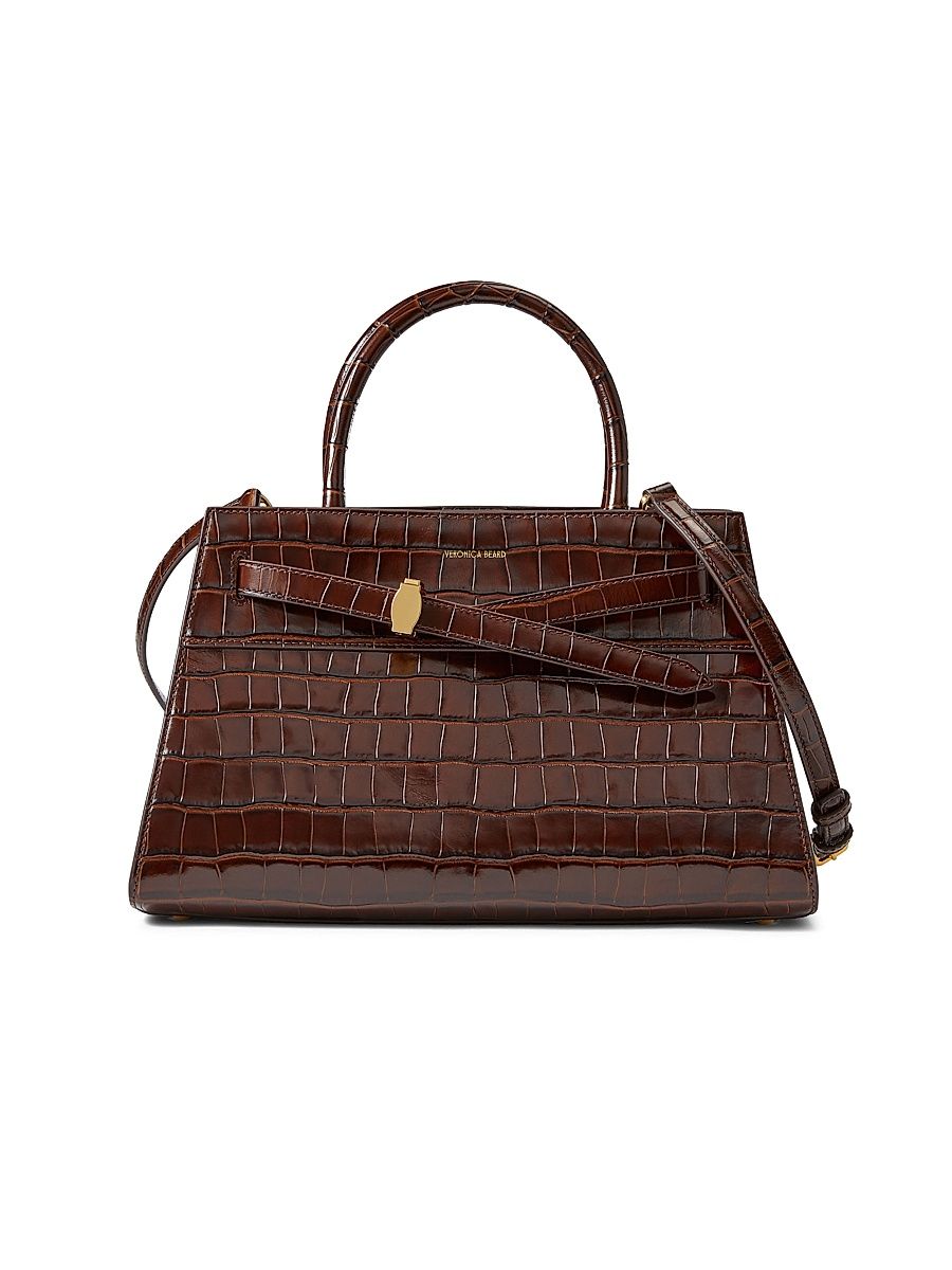 Women's Croc-Embossed Leather Top Handle Bag - Chestnut - Size 10