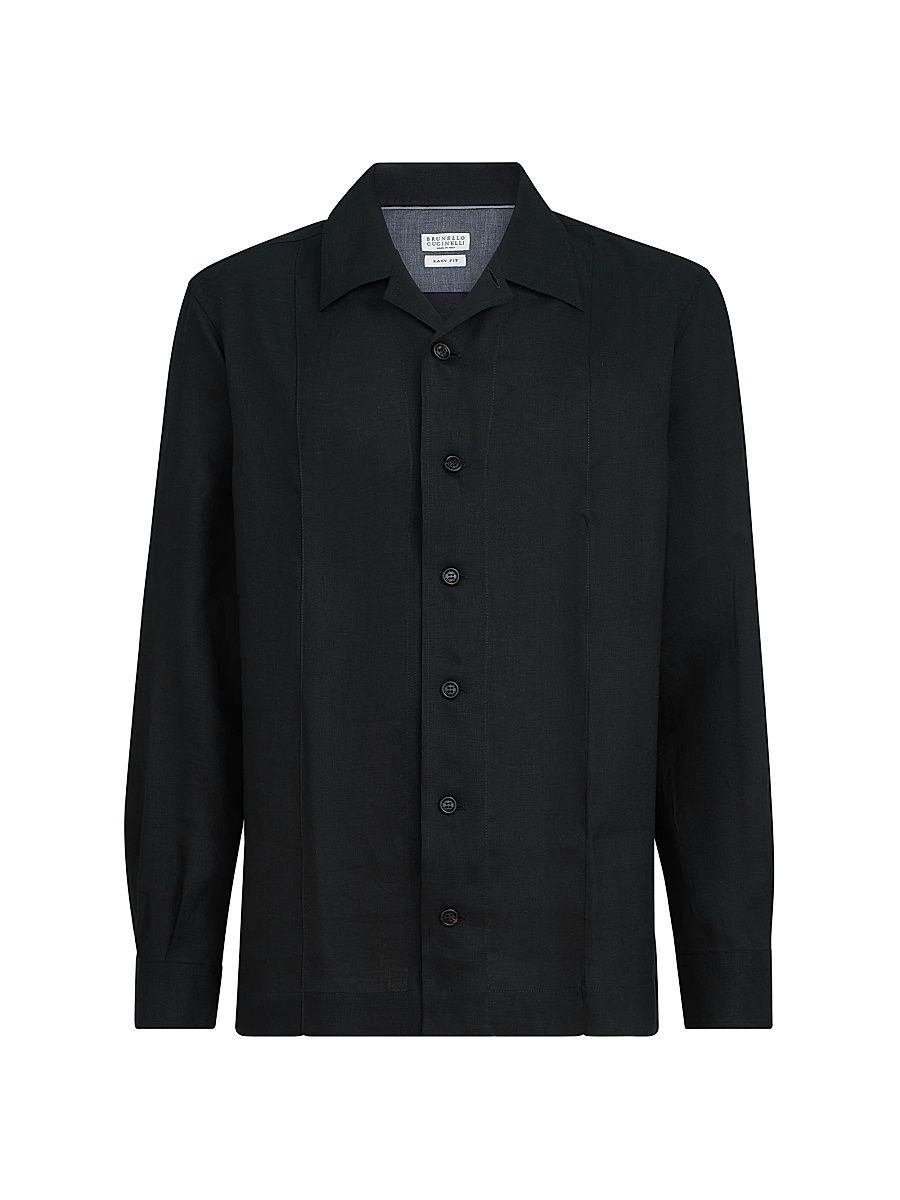 Men's Linen Easy Fit Shirt with Crête Details - Black - Size XXXL