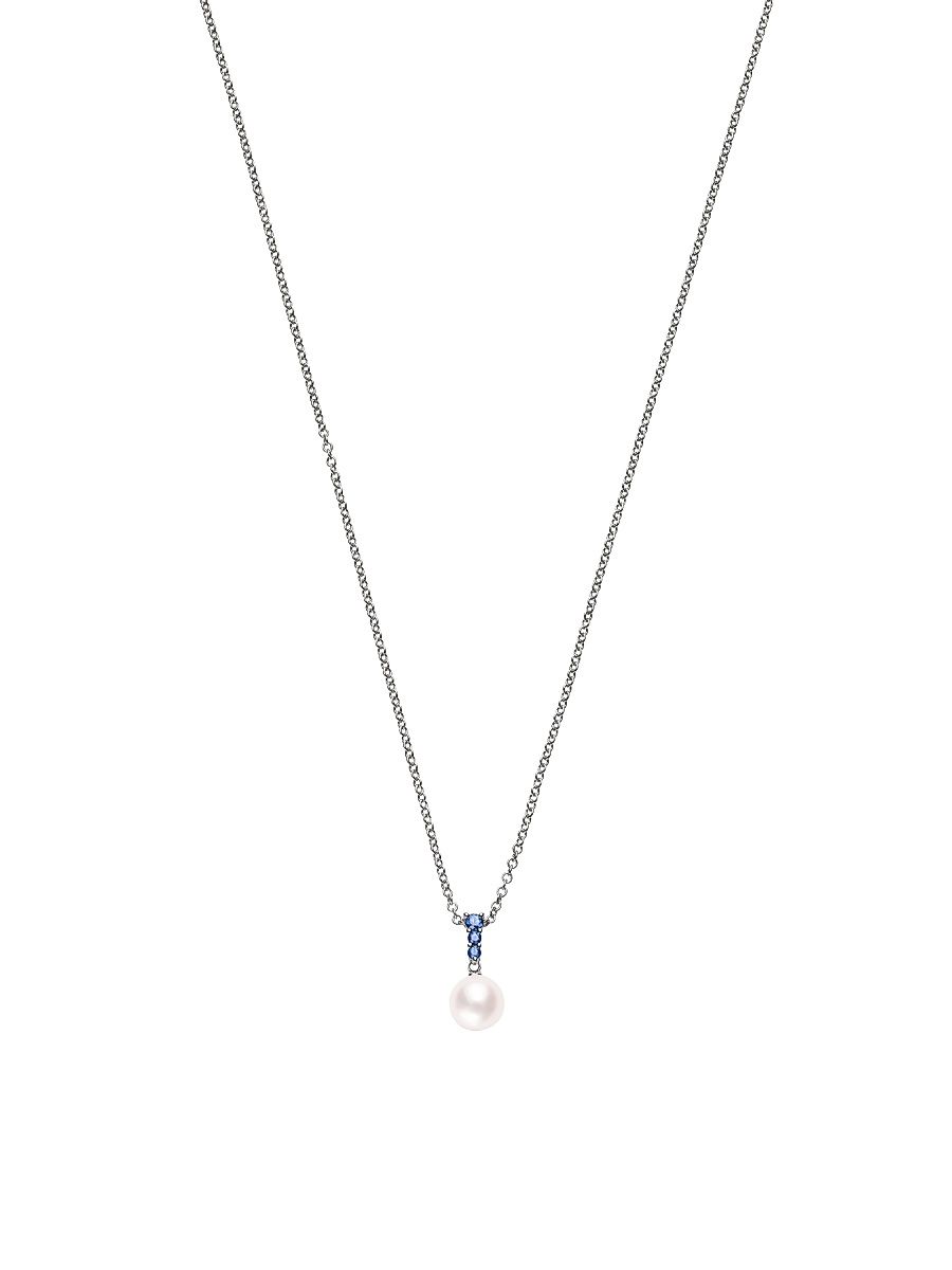 Women's Morning Dew 8MM White Cultured Akoya Pearl, Sapphire & 18K White Gold Pendant Necklace - Pearl
