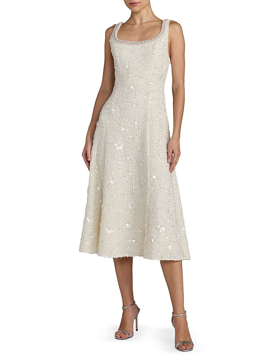 Women's Sequin Boucle Square-Neck Midi-Dress - Ivory - Size 12