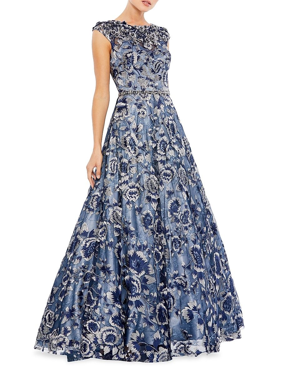 Women's Embellished Cap-Sleeve High-Neck Gown - Stormy Blue - Size 18