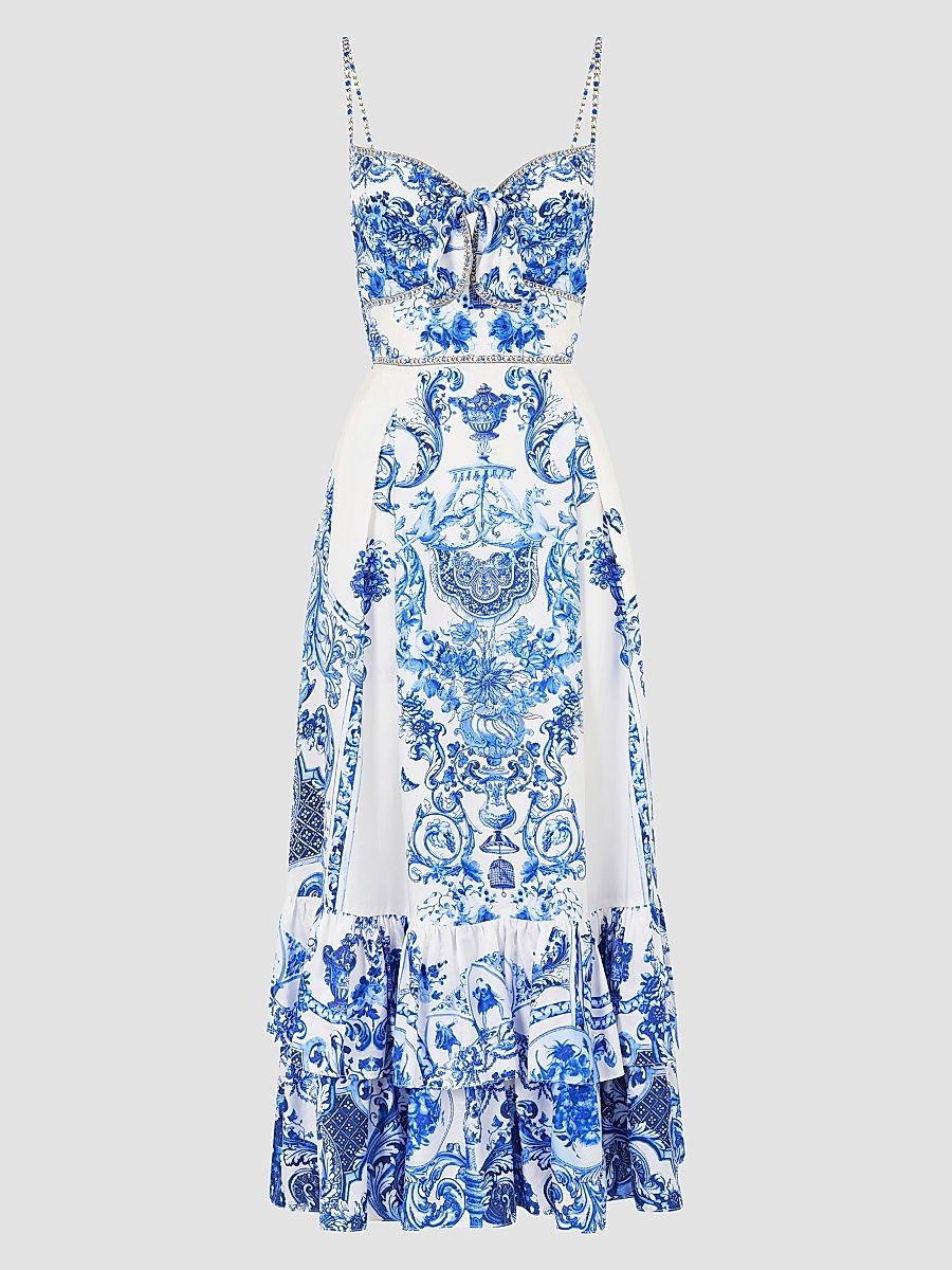 Women's Ceramic Panoramic Print Silk Ruffle-Hem Midi Dress - Ceramic Panoramic - Size Large