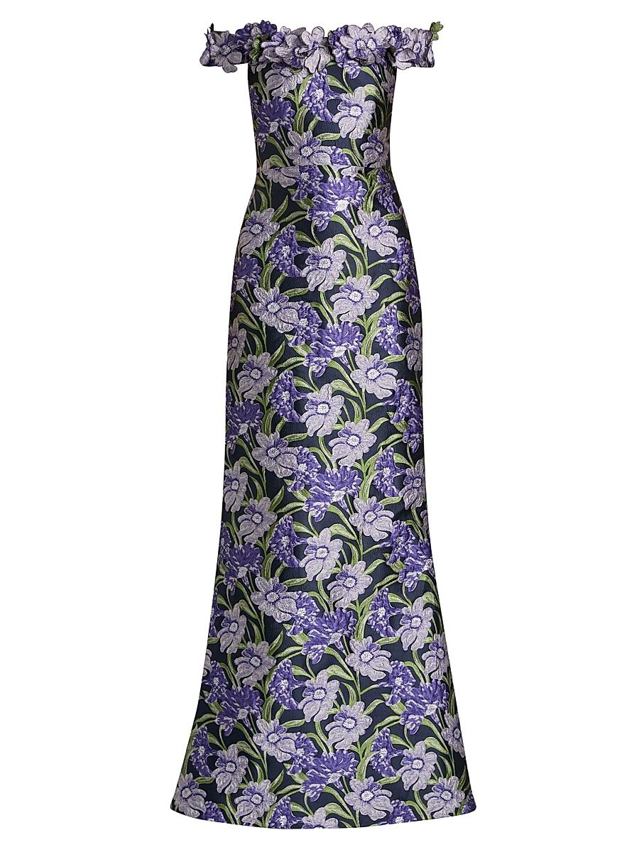 Women's Olyssia Brocade Off-The-Shoulder Gown - Iris Bloom Navy - Size 16