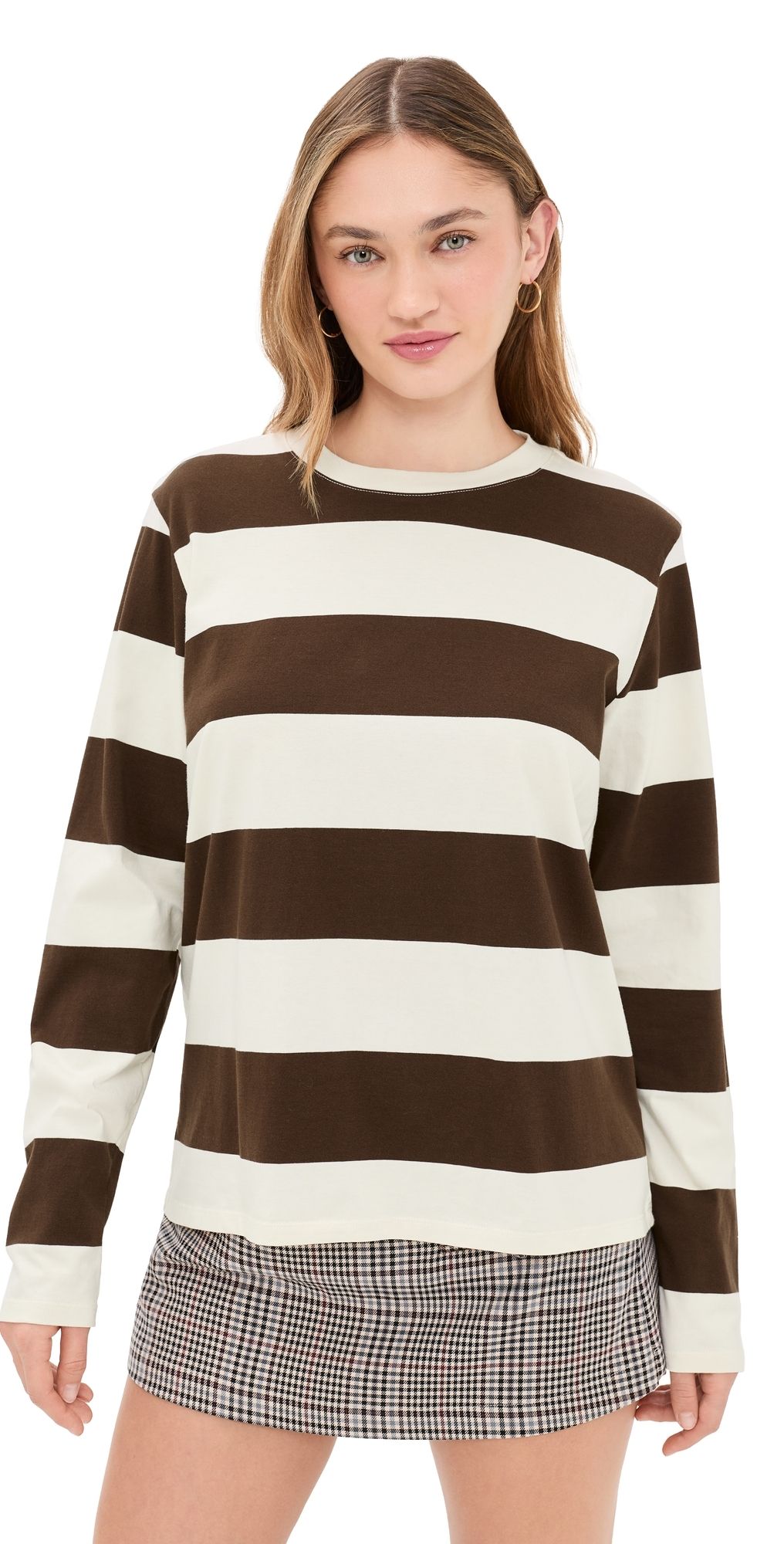 Clare V. Long Sleeve Tee Rugby Stripe Cream/Pinecone XS