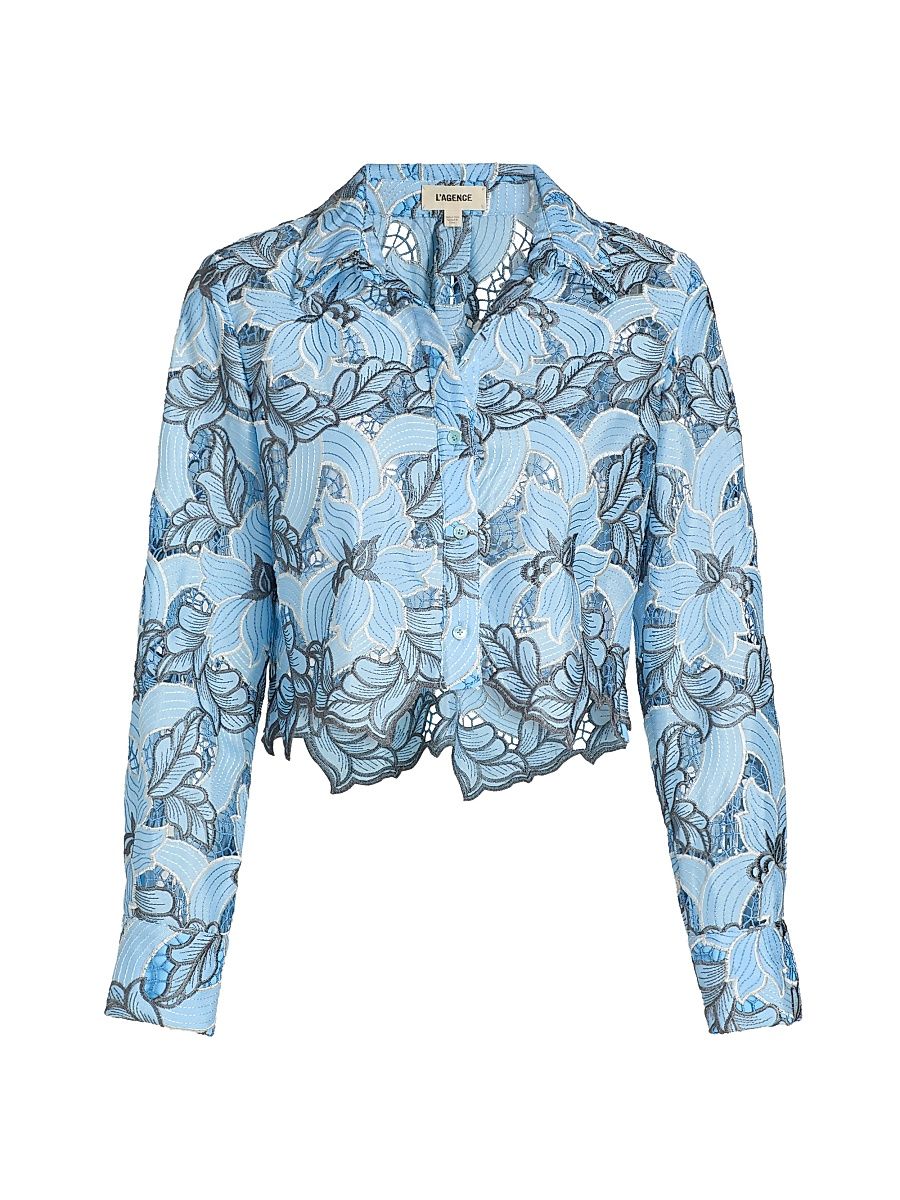 Women's Akemi Embroidered Cropped Shirt - Blue Multi Eyelet - Size XXL