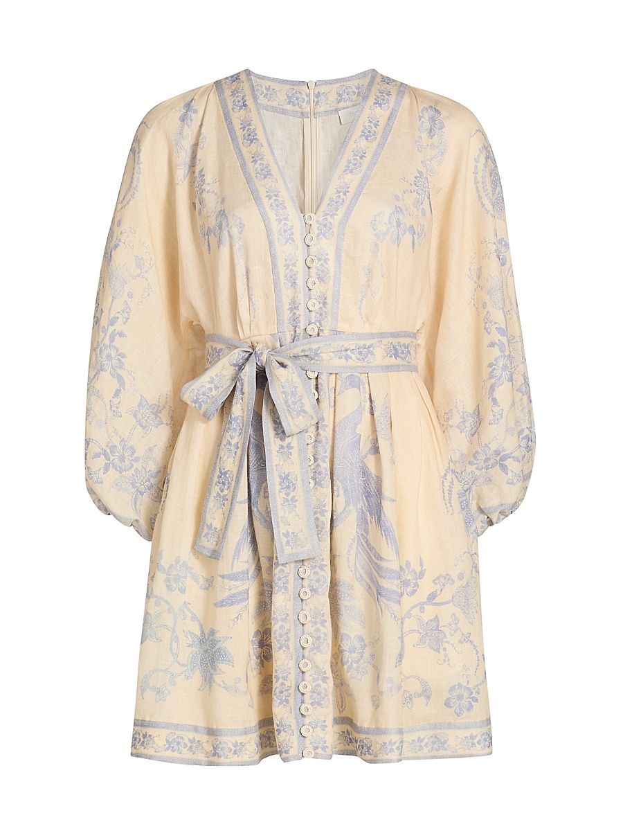 Women's Indra Floral Plunge Linen Minidress - Cream Lilac Floral - Size 10