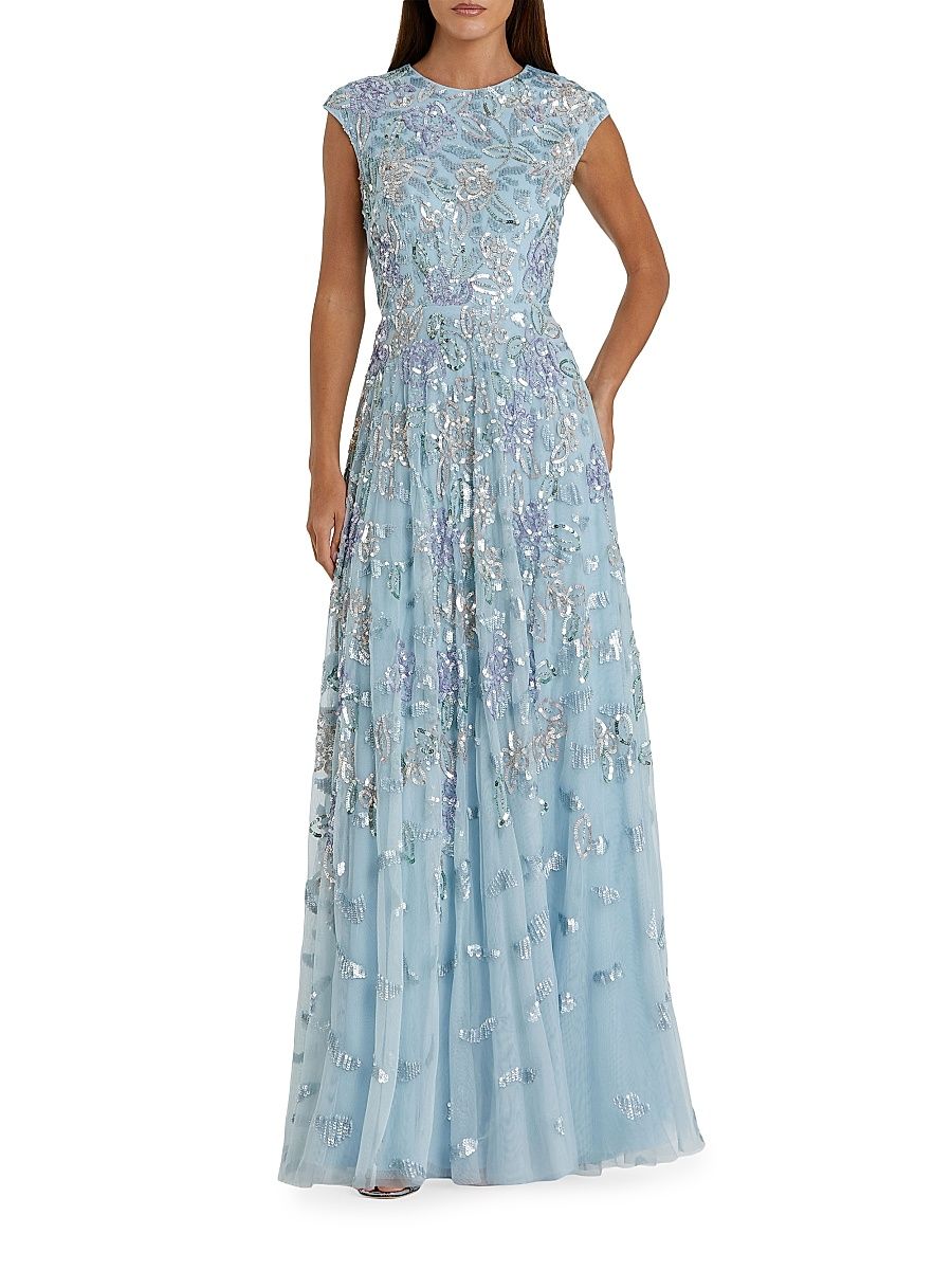 Women's Evening Sequined Cap-Sleeve A-Line Gown - Ice Blue Multi - Size 16