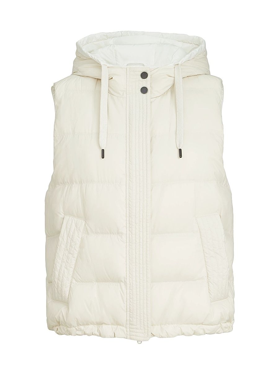 Women's Lightweight Matte Nylon Down Vest with Hood and Shiny Trim - Milk - Size 12