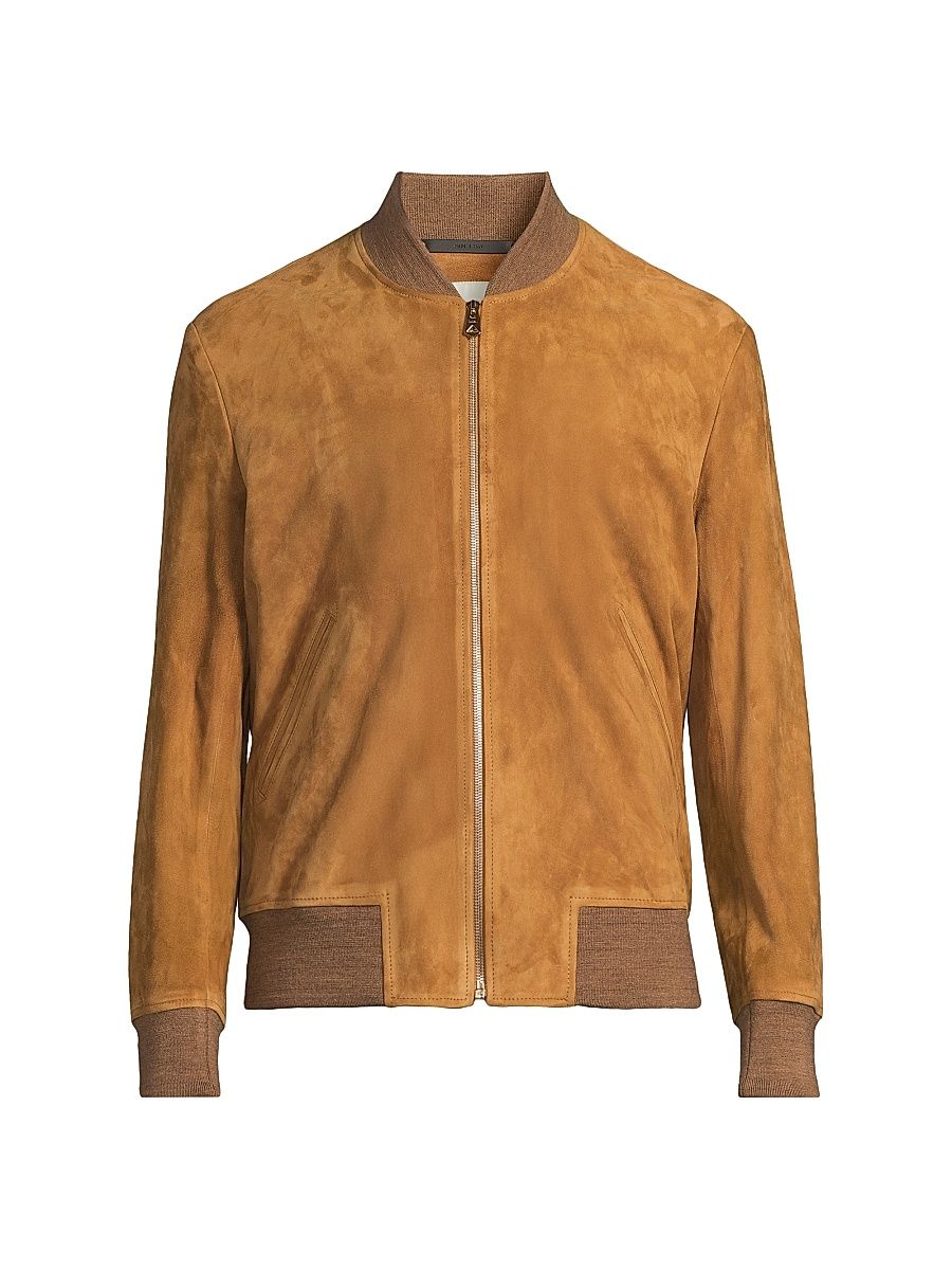 Men's Suede Bomber Jacket - Camel - Size Large
