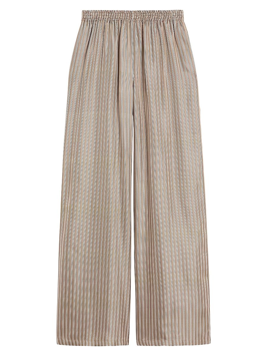 Women's Wide Fit Printed Silk Trousers - Hazelnut Brown Stripes Print - Size 14