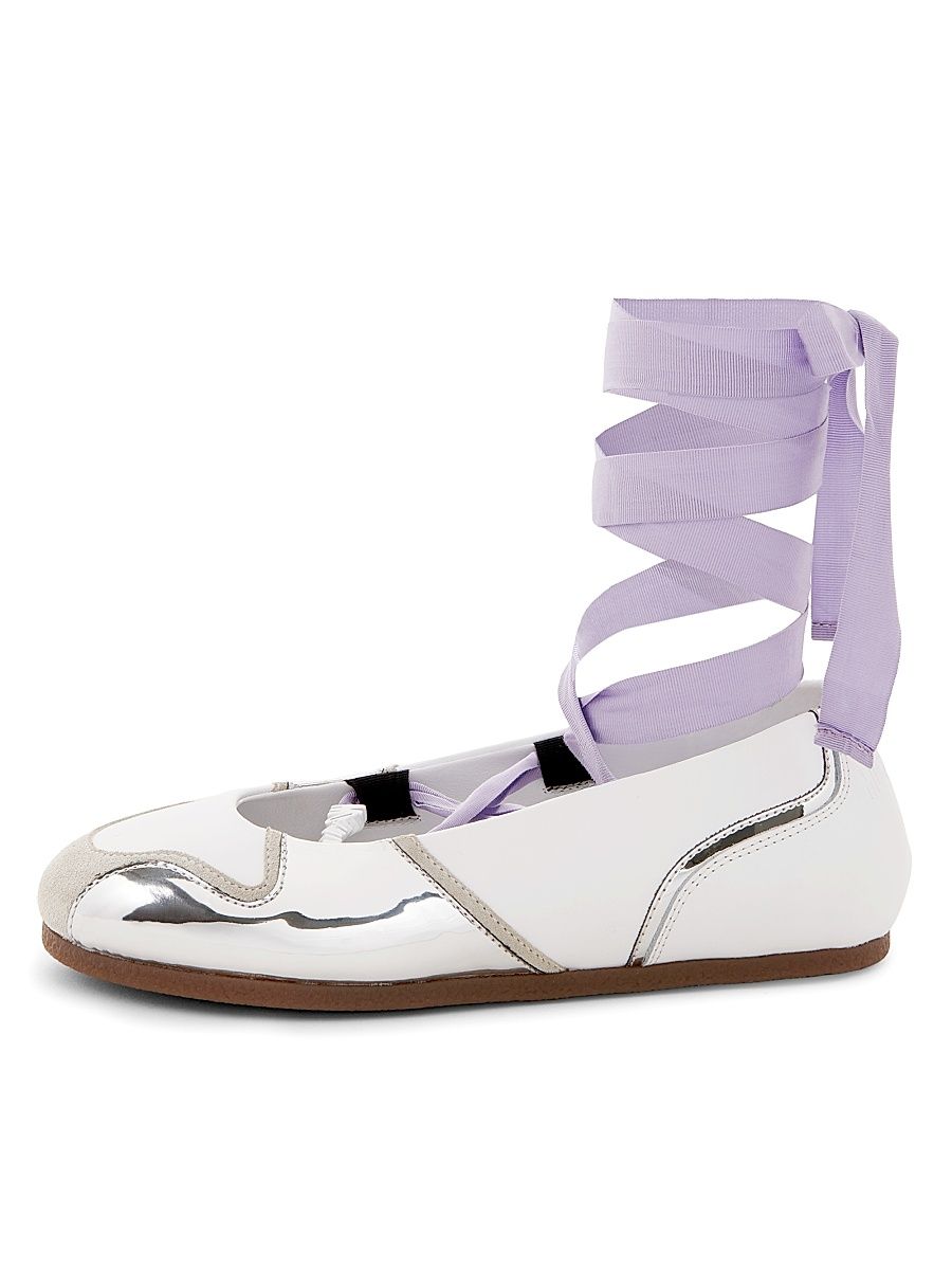 Women's Logo Chrome, Leather & Suede Lace-Up Sneaker Flats - White Silver - Size 11