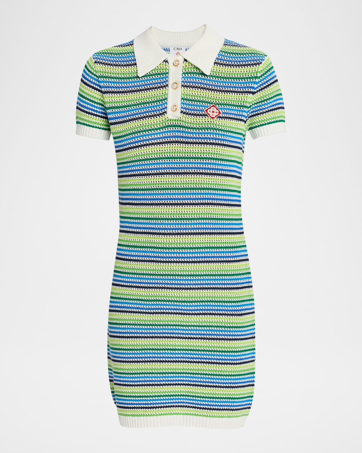 Striped Crochet Short-Sleeve Mini Polo Dress