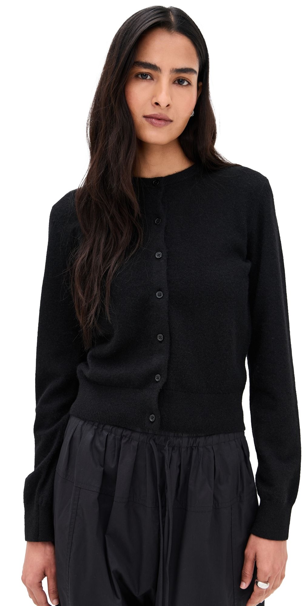 White & Warren Cashmere Crew Neck Cardigan Black L