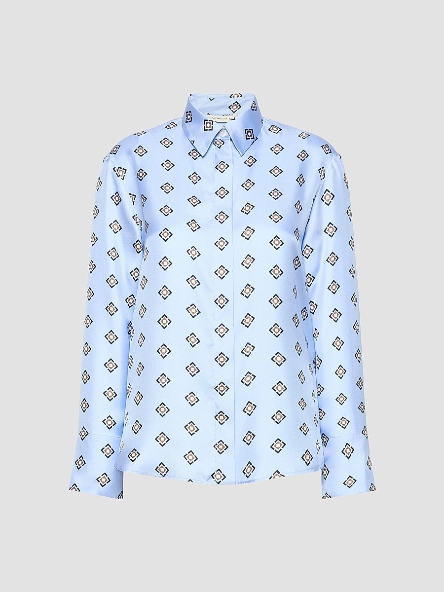 Women's Printed Silk Twill Shirt - Sky Blue - Size 4