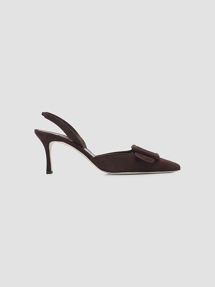 Manolo Blahnik Women's Maysli 70MM Buckle-Detail Suede Slingback Pumps - Dark Brown - Size 11.5