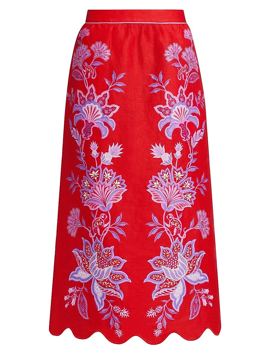 Women's Porcelain Garden Linen Midi-Skirt - Red - Size Medium