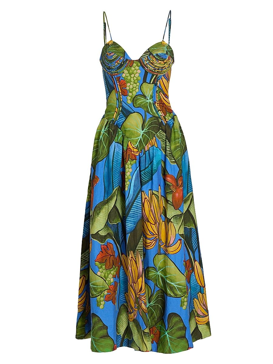 Women's Printed Linen-Blend Maxi Dress - Blue - Size Large