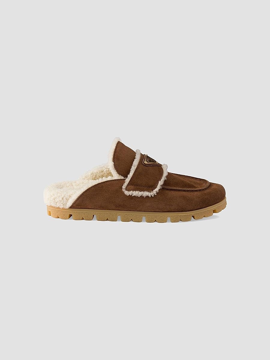 Prada Women's Suede and Shearling Mules - Brown - Size 11
