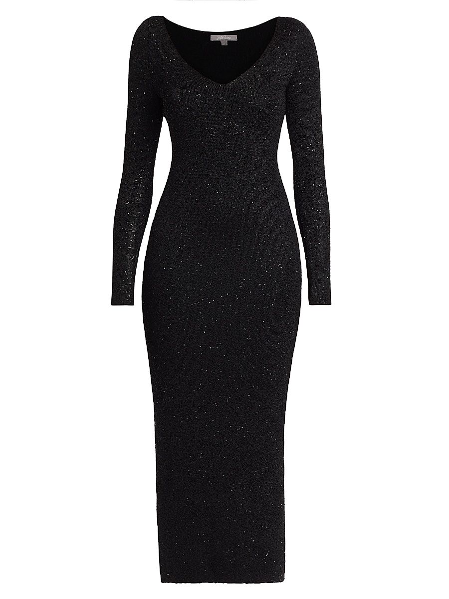 Women's Sequin Knit V-Neck Midi-Dress - Black - Size Small