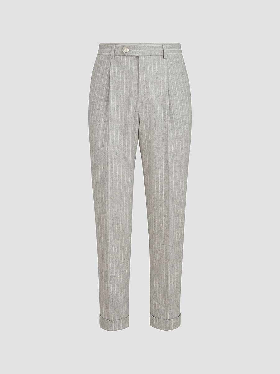 Men's Virgin Wool and Cashmere Chalk Stripe Flannel Trousers - Anthracite - Size 46