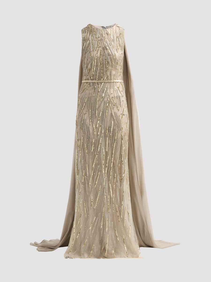 Reem Acra Women's After Midnight Embellished Sheer Cape Gown - Silver - Size 6