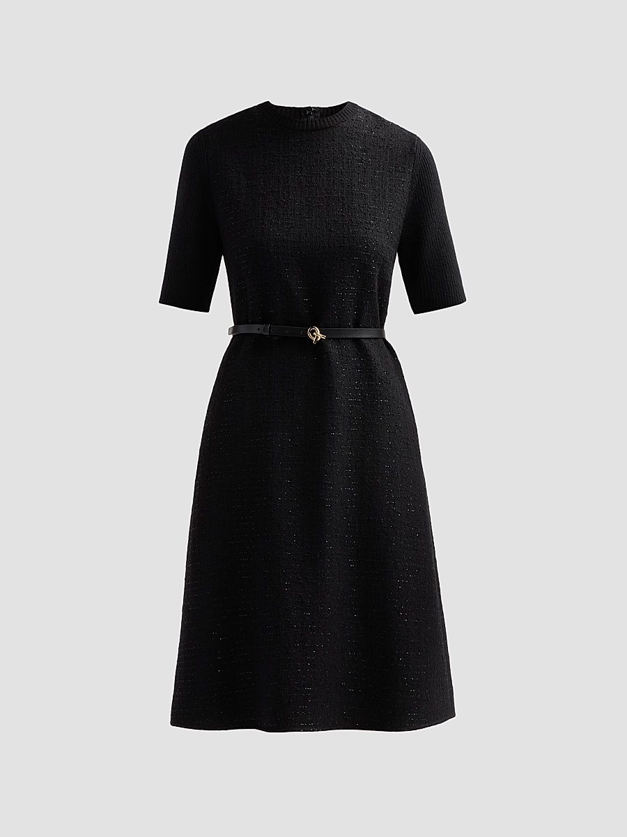 Women's Sequined Virgin Wool-Blend Belted Knee-Length Dress - Nero - Size 0