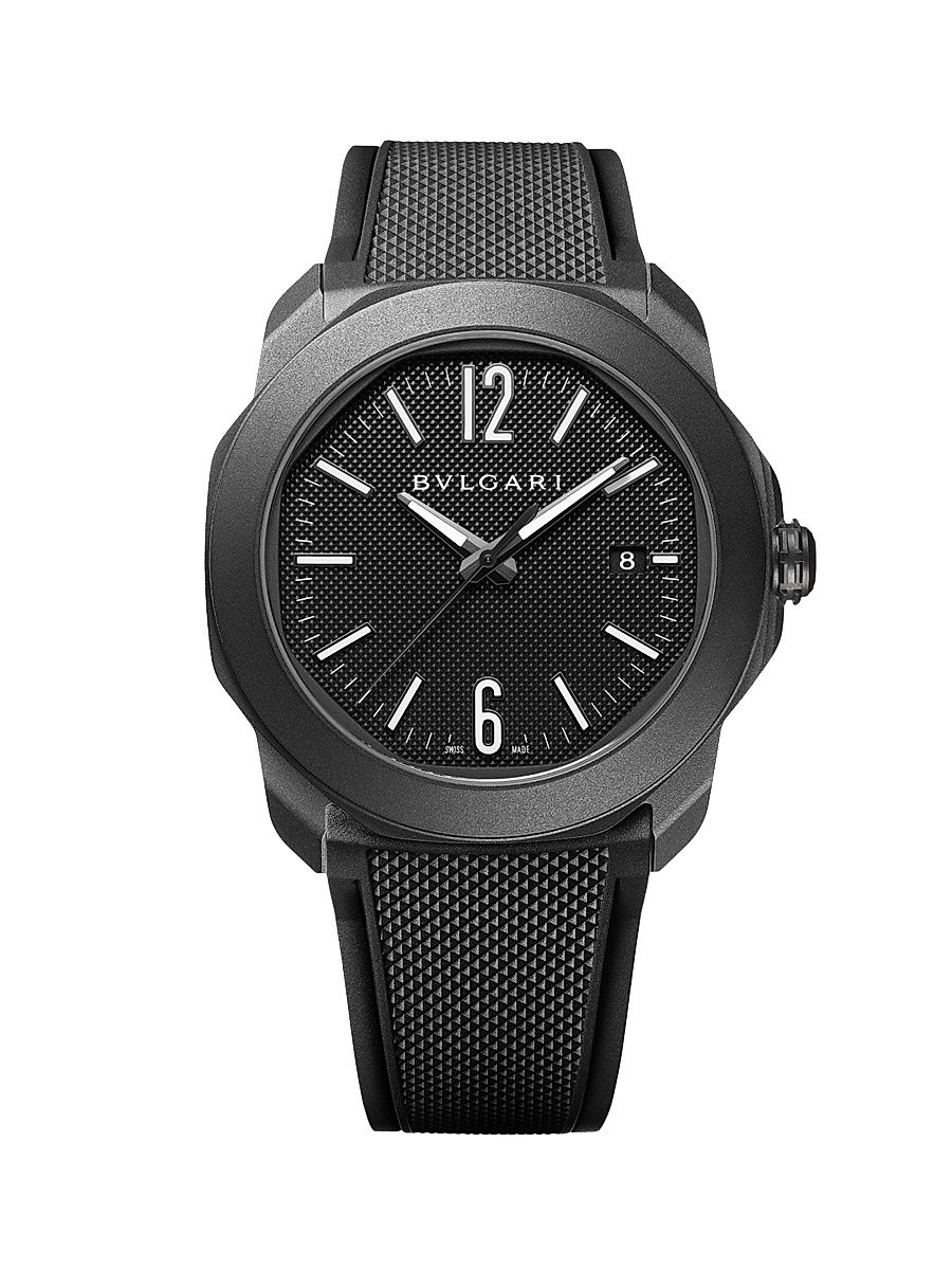 Men's Octo Roma Black Stainless Steel, Rubber & Alligator Leather Strap Watch/41MM - Black