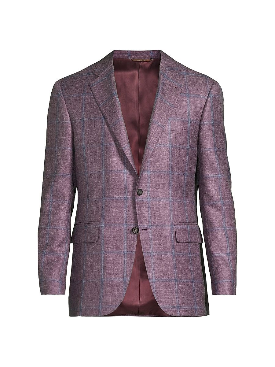 Men's Windowpane Plaid Wool-Silk-Linen Sport Coat - Purple - Size 42