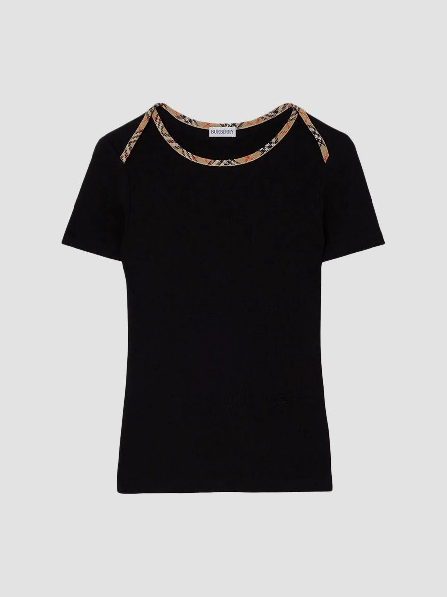 Burberry Women's Stephanie Check-Collar Stretch-Cotton T-Shirt - Black - Size XXS