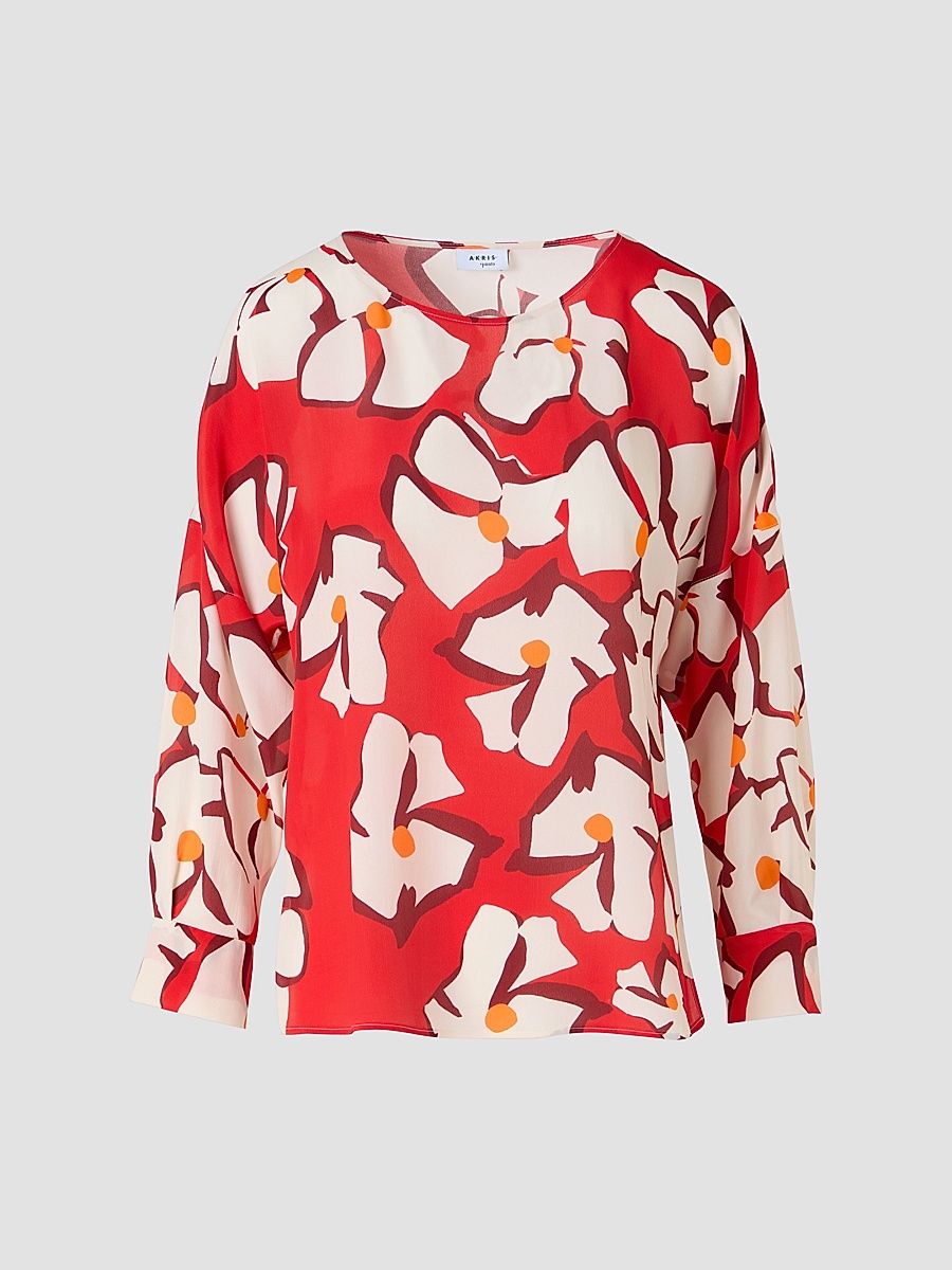 Women's Abstract Floral Silk Blouse - Red Cream - Size 18