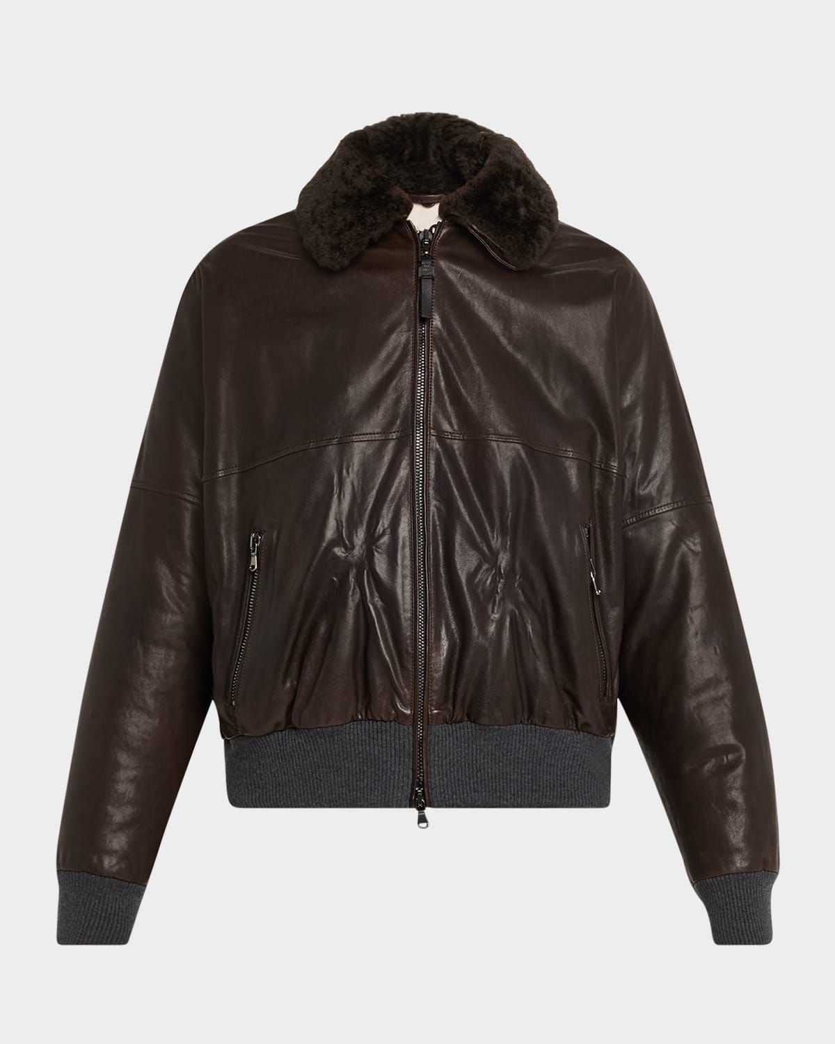 Leather Biker Jacket with Removable Shearling Collar