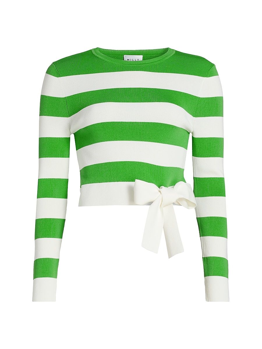 Women's Gia Striped Bow-Detail Crop Pullover Sweater - Green White - Size XL