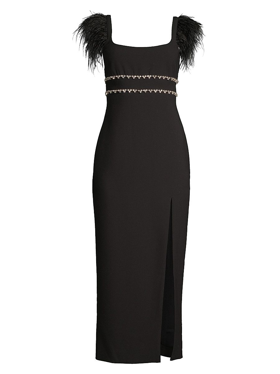Women's Prima Crystal & Feather Midi-Dress - Black - Size 2