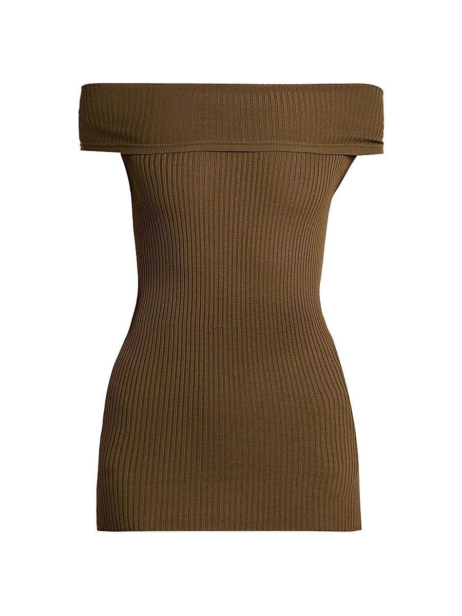 Women's Light Ribbed Off-The-Shoulder Top - Olive - Size XS