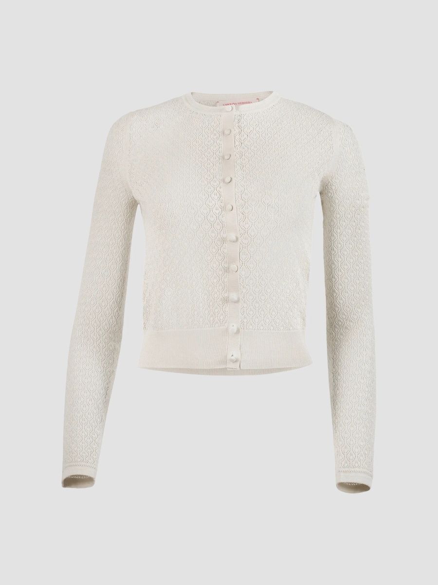 Carolina Herrera Women's Pointelle-Knit Crewneck Cardigan - Pearl - Size XL