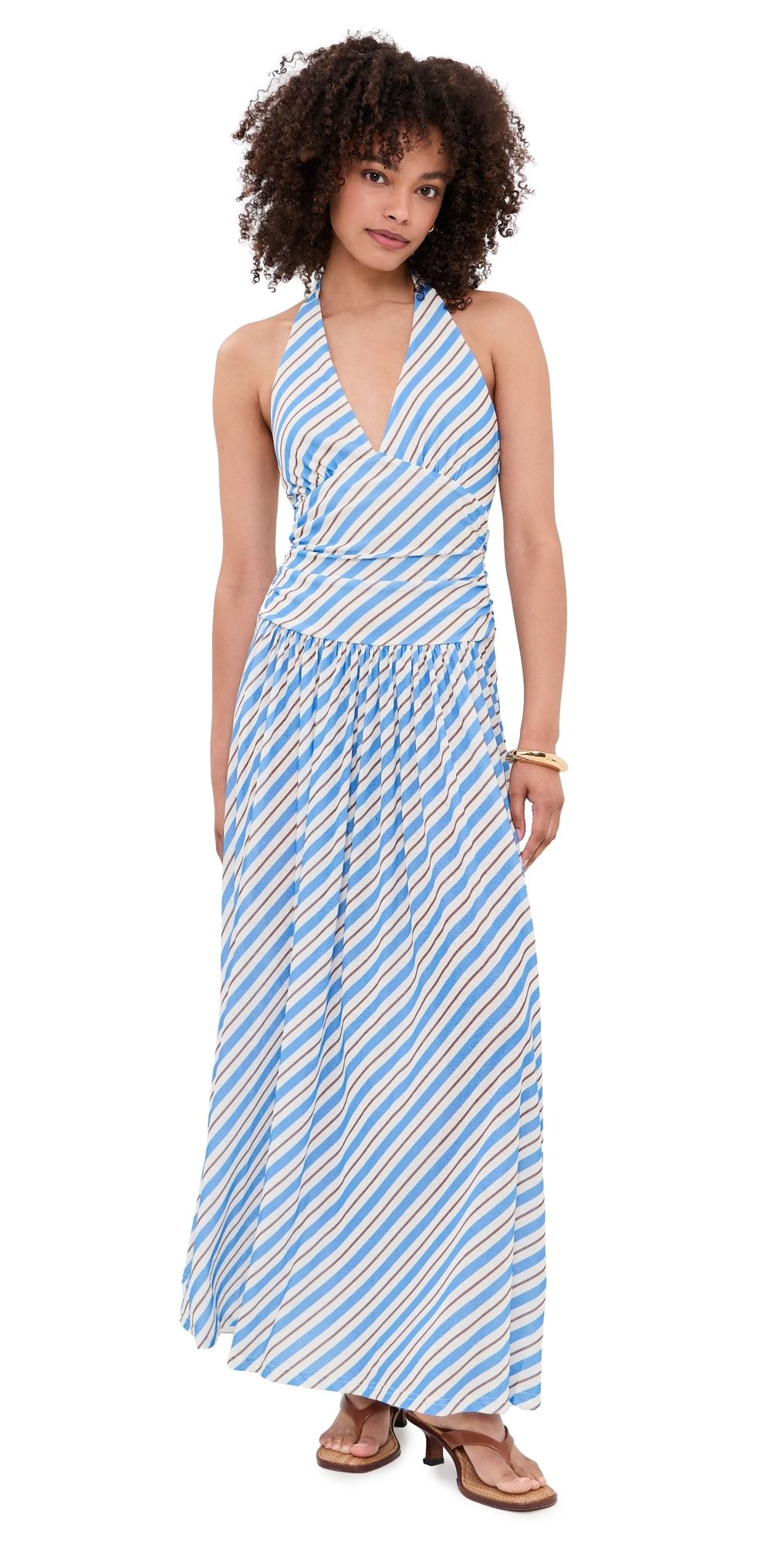 MINKPINK Sancia Halter Midi Dress Blue/White Stripe L