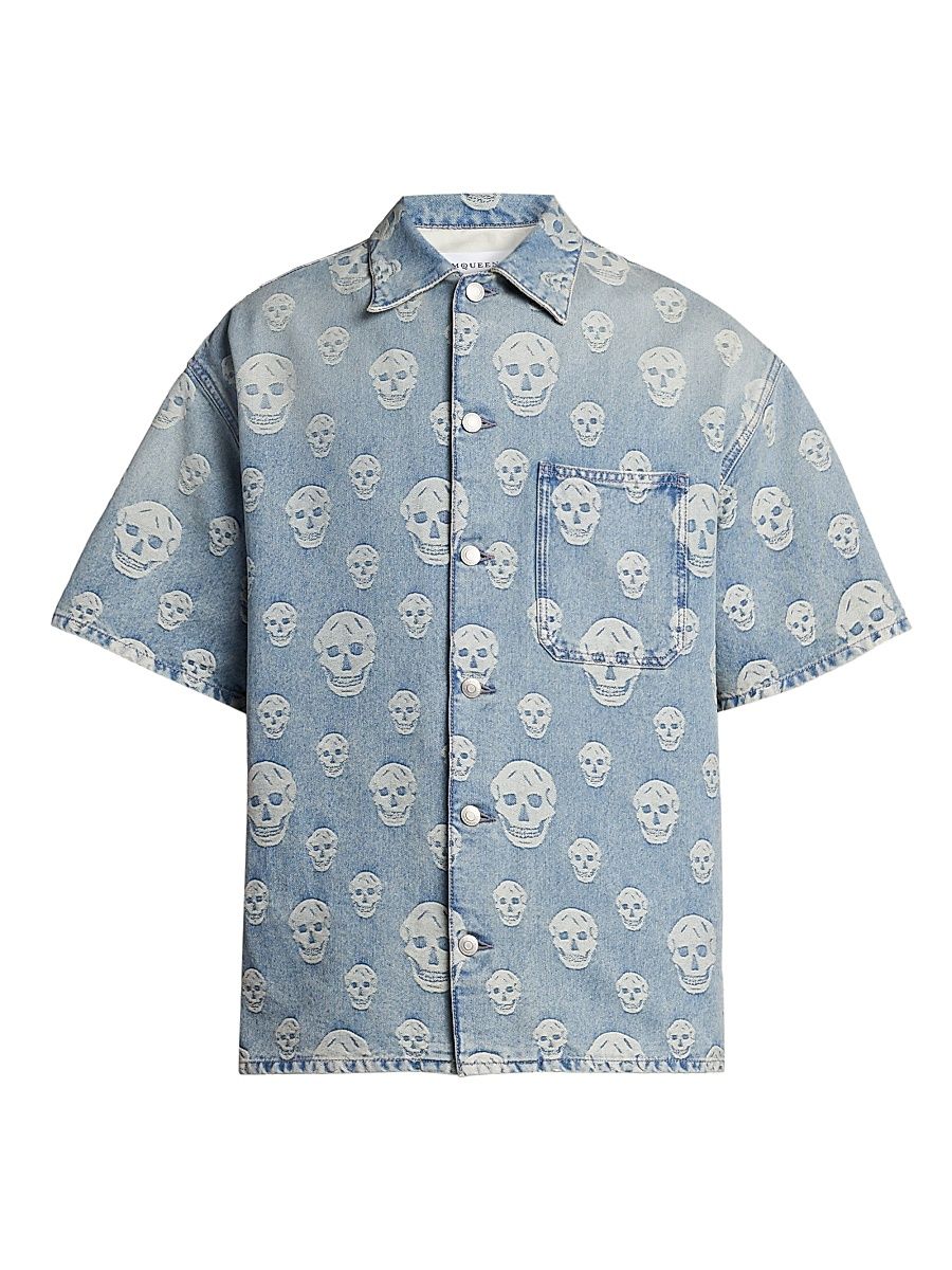 Men's Skull Denim Camp Shirt - Blue Washed - Size 46