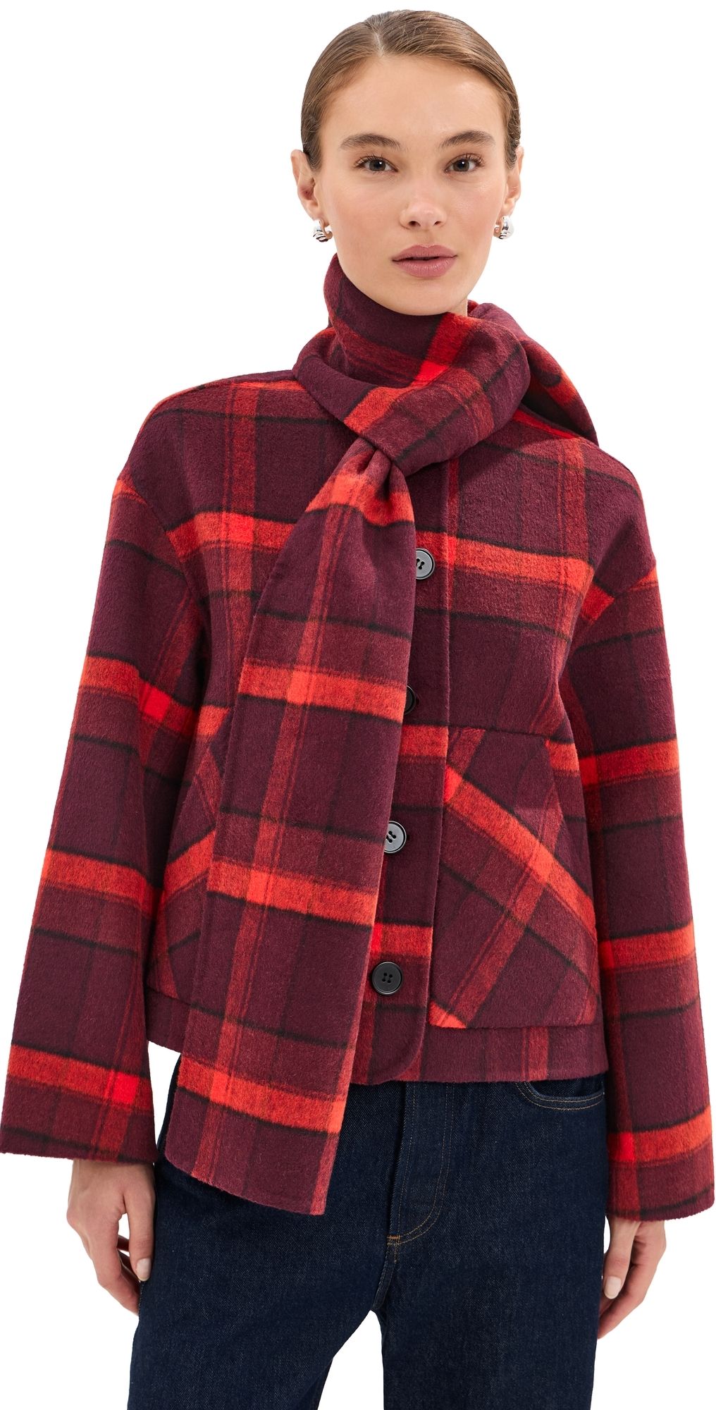 LE BOP Rachel Scarf Coat Red Plaid M