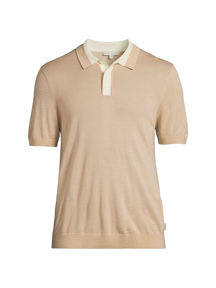 Men's Wool Fine-Knit Polo Shirt - Oxford Tan White - Size Large