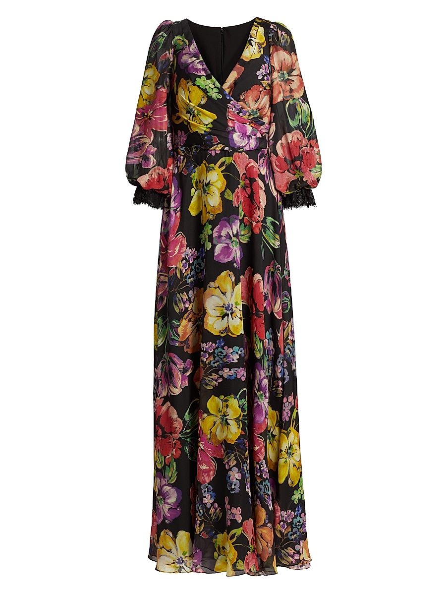 Women's Floral Silk Chiffon Gown - Black Multi - Size 4